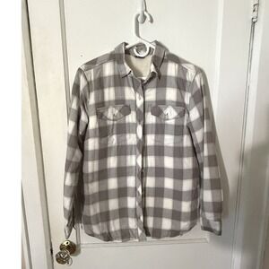 Eddie Bauer Womens Grey White Plaid Sherpa Lined Flannel Shirt Jacket Small